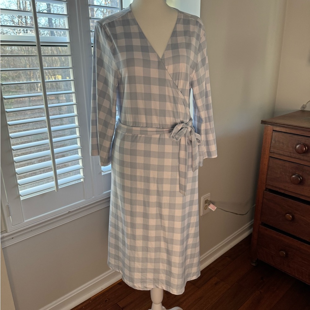 Caden Lane maternity robe in dusty blue gingham pattern.
